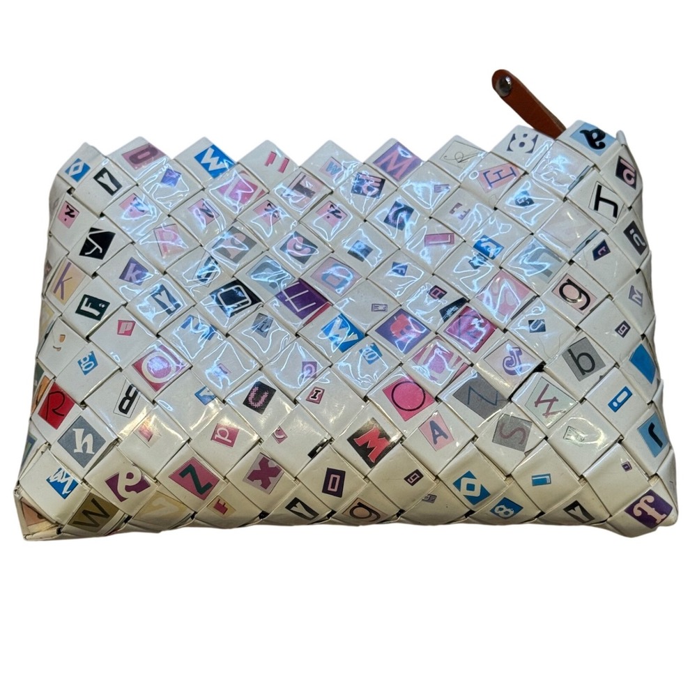 Nahui Ollin Woven Candy Wrapper Alphabet Clutch Pouch Bag White Multi Zip‎ Top